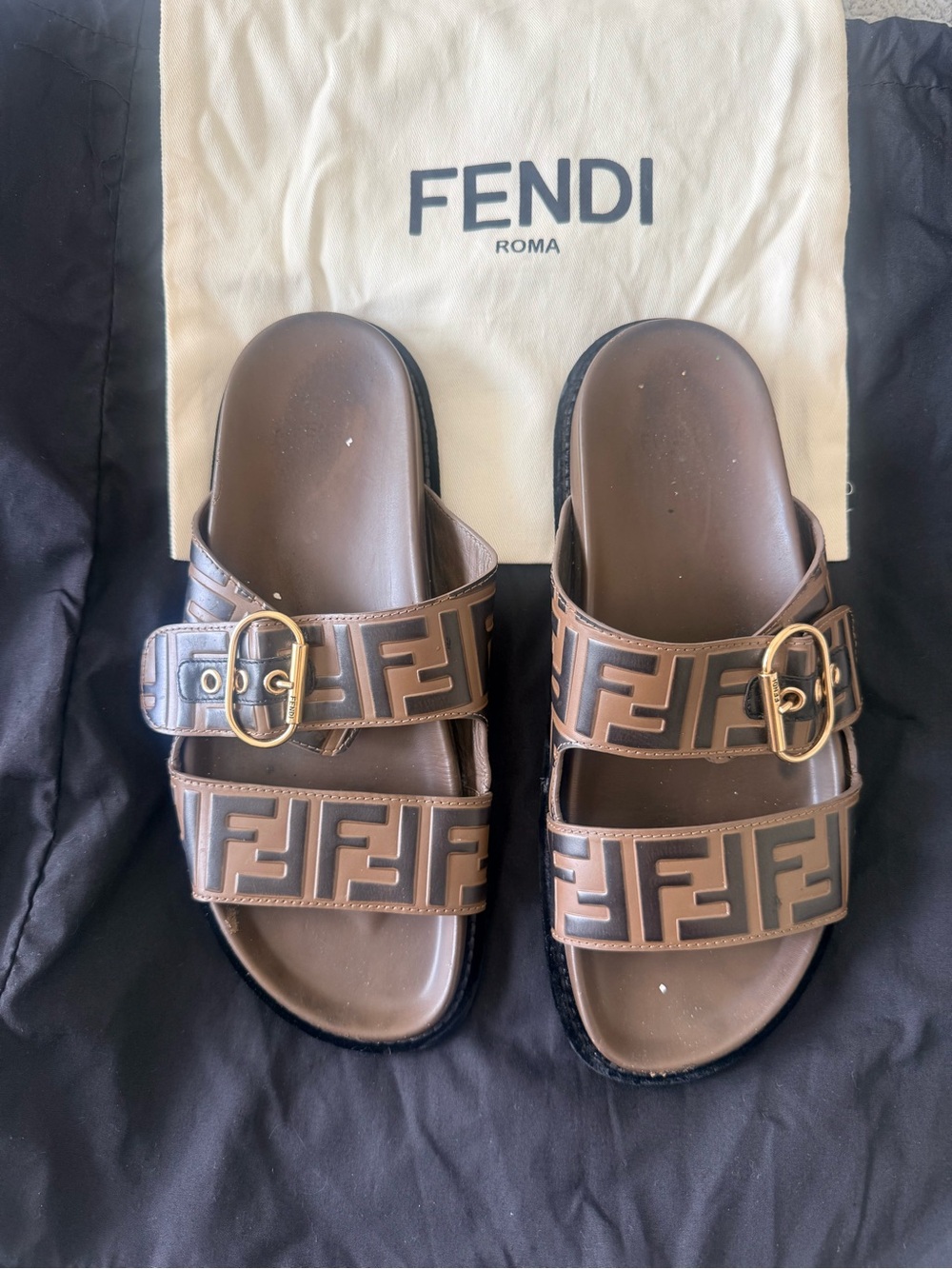 Fendi FF Logo Buckle Slide Sandals Brown Black Gold Size 41